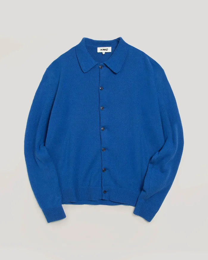Men Rat Pack Cardigan Blue YMC Knitwear