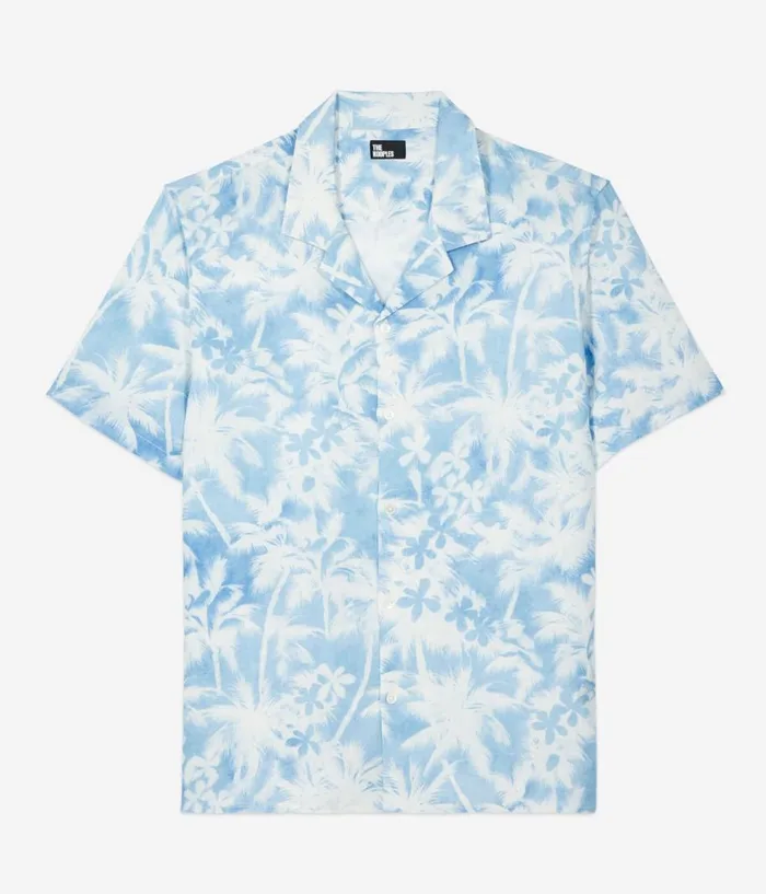 Men Shirts THE KOOPLES Light Blue Palm Tree Print Short Sleeve Shirt