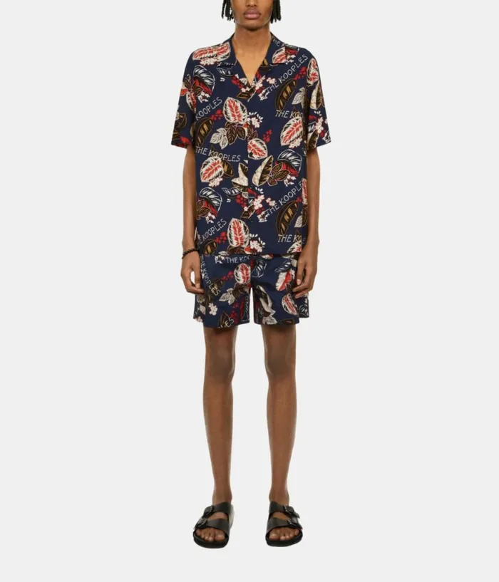 Men Shirts THE KOOPLES Navy Leaf Print Short Sleeve Shirt