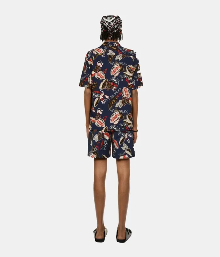 Men Shirts THE KOOPLES Navy Leaf Print Short Sleeve Shirt Men Shirts THE KOOPLES Navy Leaf Print Short Sleeve Shirt
