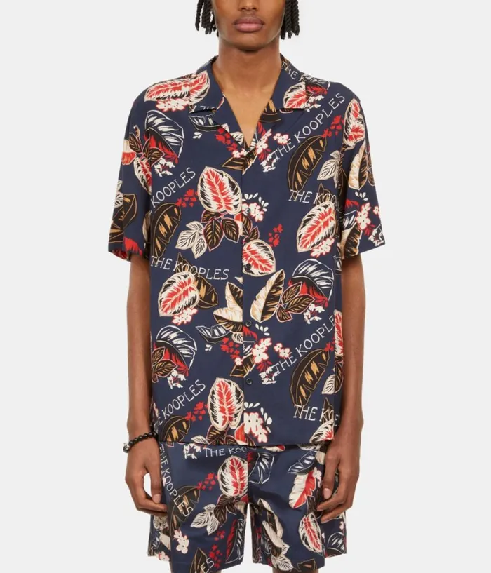 Men Shirts THE KOOPLES Navy Leaf Print Short Sleeve Shirt Men Shirts THE KOOPLES Navy Leaf Print Short Sleeve Shirt