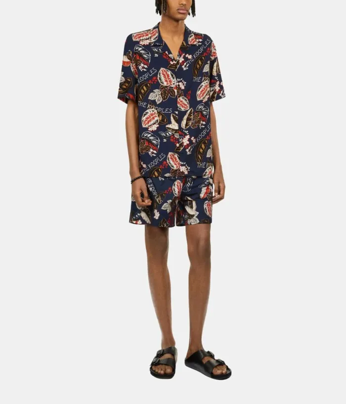 Men Shirts THE KOOPLES Navy Leaf Print Short Sleeve Shirt Men Shirts THE KOOPLES Navy Leaf Print Short Sleeve Shirt