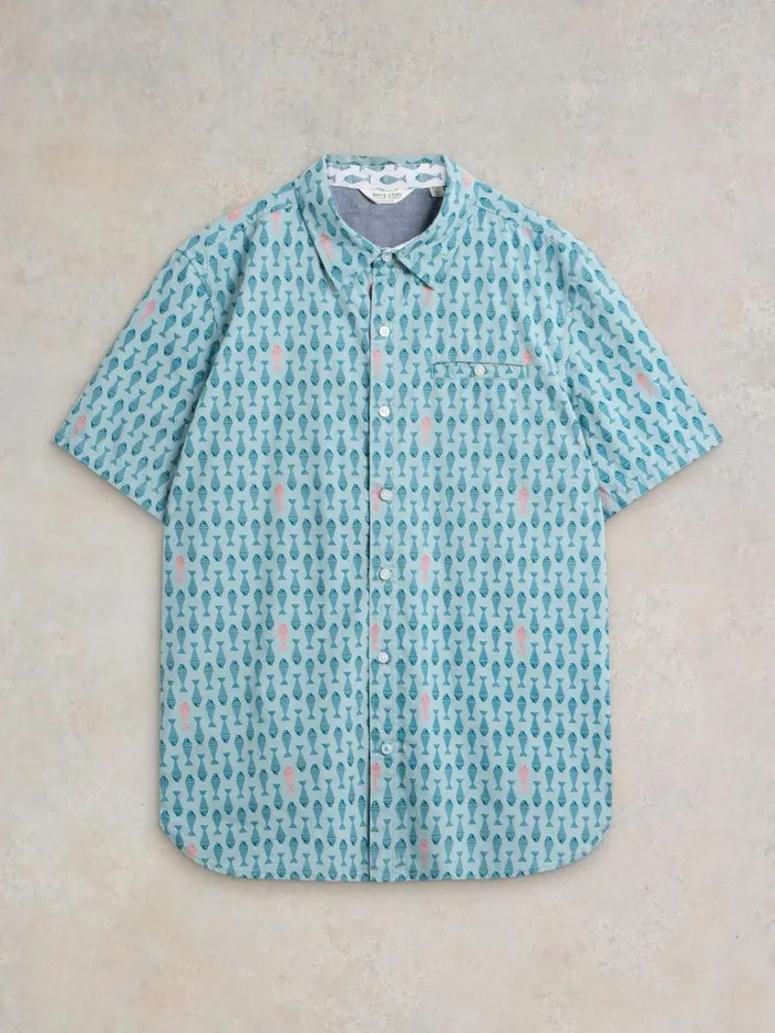 Men SHIRTS White Stuff Geo Fish Printed SS Shirt Blue Print Men SHIRTS White Stuff Geo Fish Printed SS Shirt Blue Print