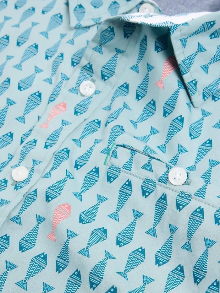 Men SHIRTS White Stuff Geo Fish Printed SS Shirt Blue Print Men SHIRTS White Stuff Geo Fish Printed SS Shirt Blue Print