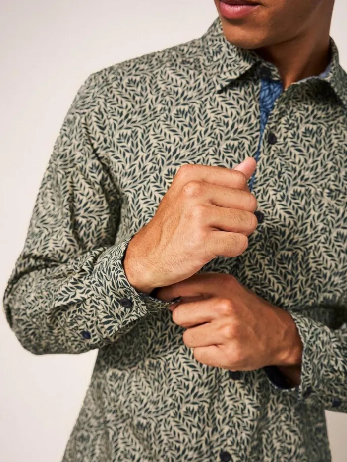 Men SHIRTS White Stuff Leaf Printed Shirt Dark Green