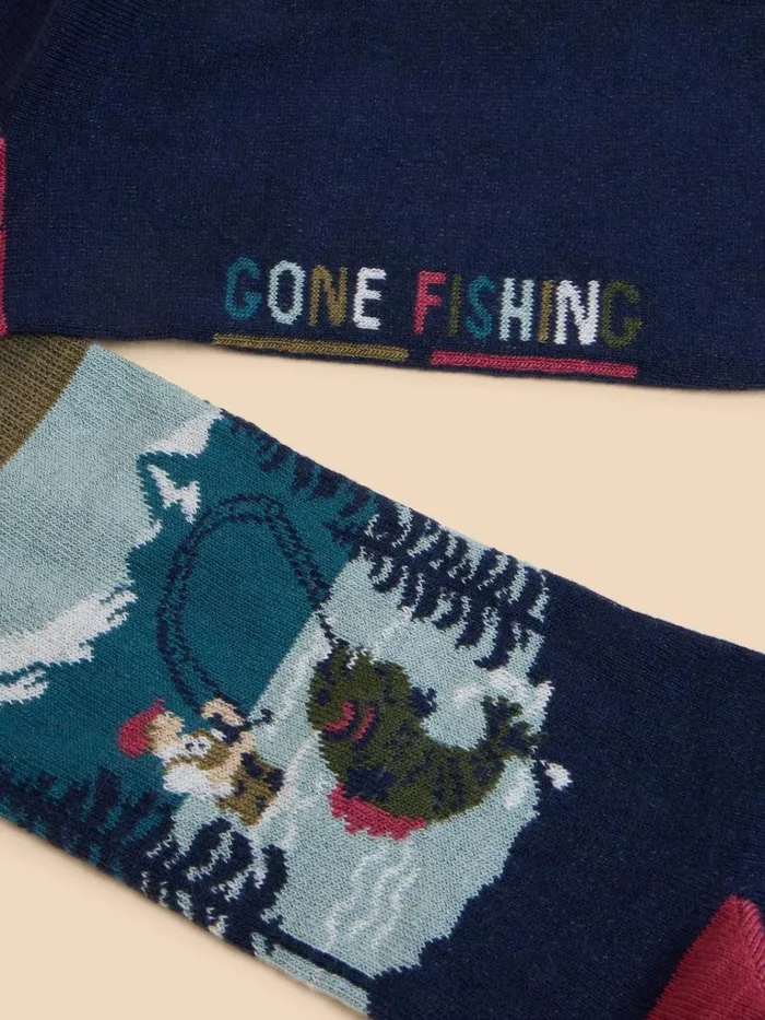 Men SOCKS White Stuff Fishing Scene Ankle Sock Blue Multi