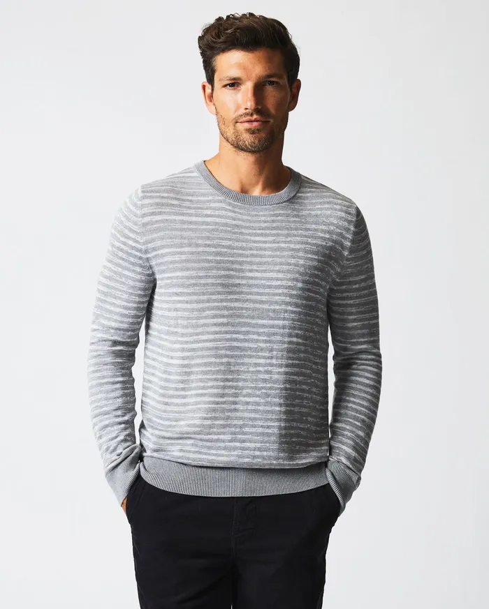 Men Space Dye Stripe Crew Grey Billy Reid Sweaters and Sweatshirts