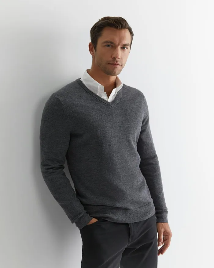 Men Sportscraft Knitwear Merino VNeck Knit Charcoal Melange