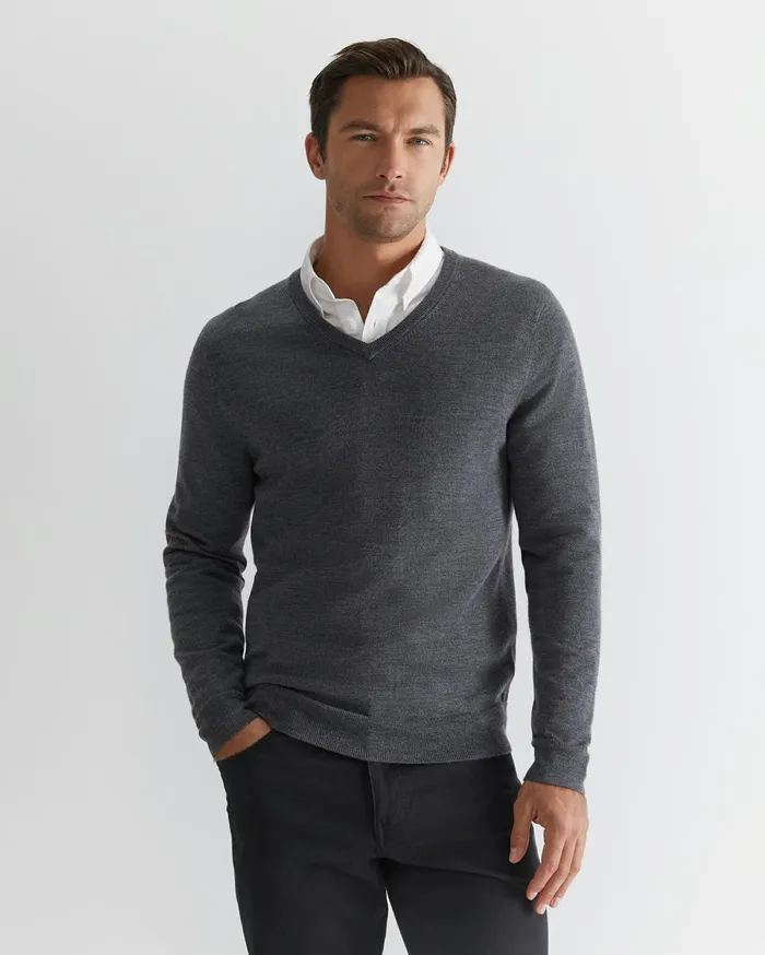 Men Sportscraft Knitwear Merino VNeck Knit Charcoal Melange