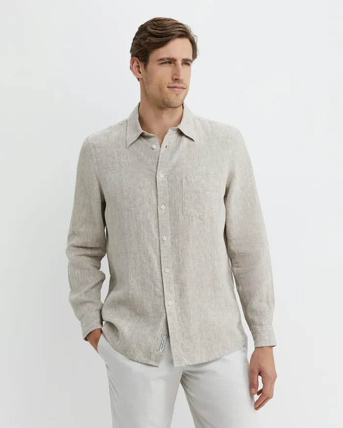 Men Sportscraft Shirts Long Sleeve Linen Shirt Barley
