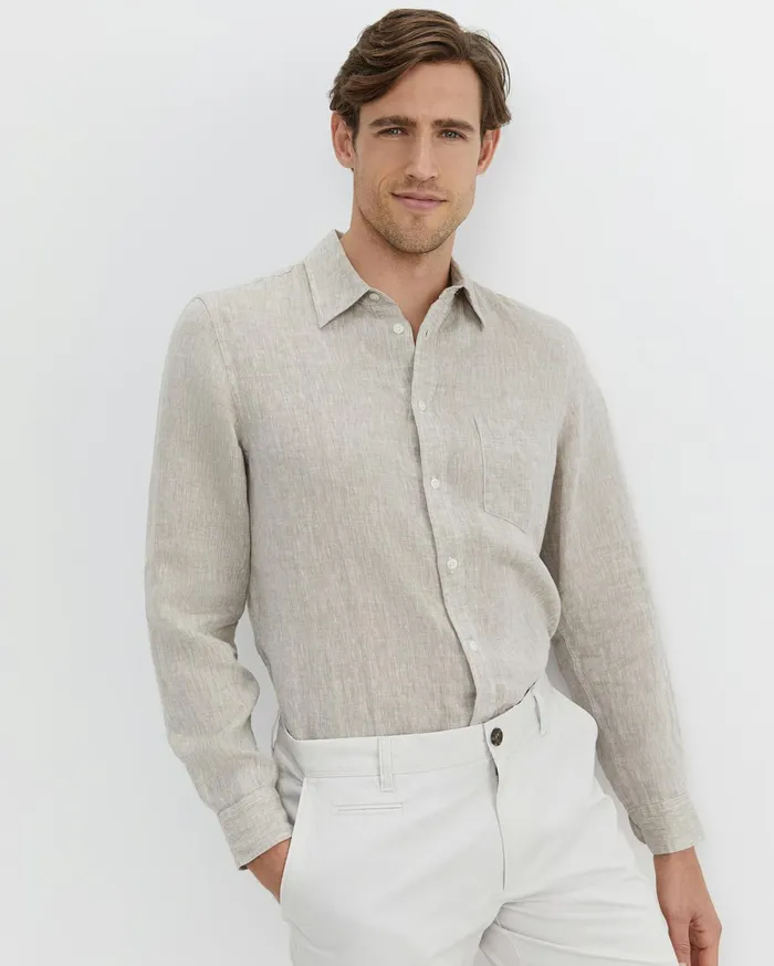 Men Sportscraft Shirts Long Sleeve Linen Shirt Barley