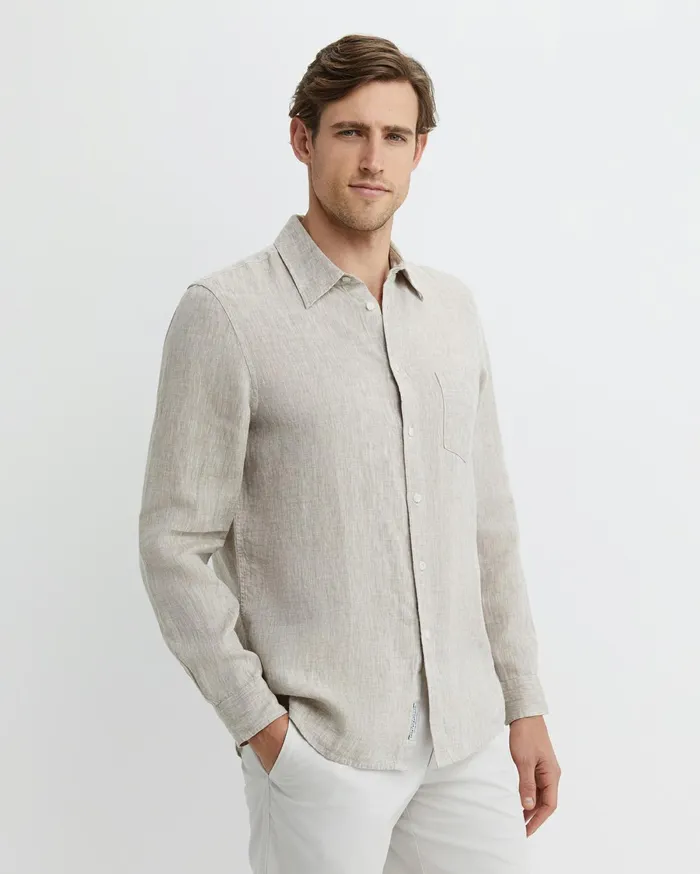 Men Sportscraft Shirts Long Sleeve Linen Shirt Barley