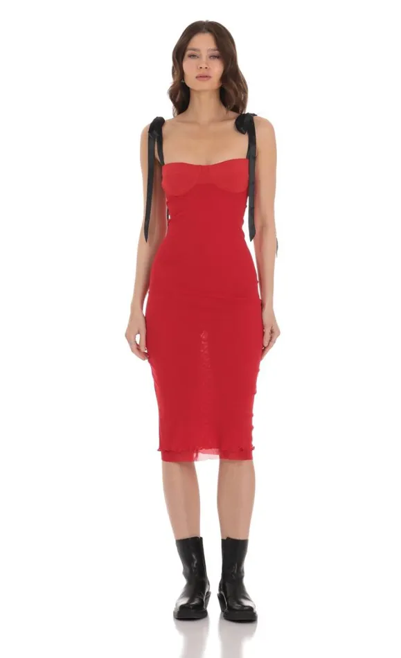 Mesh Black Shoulder Ties Midi Dress Red Women LUCY IN THE SKY Midi Dresses