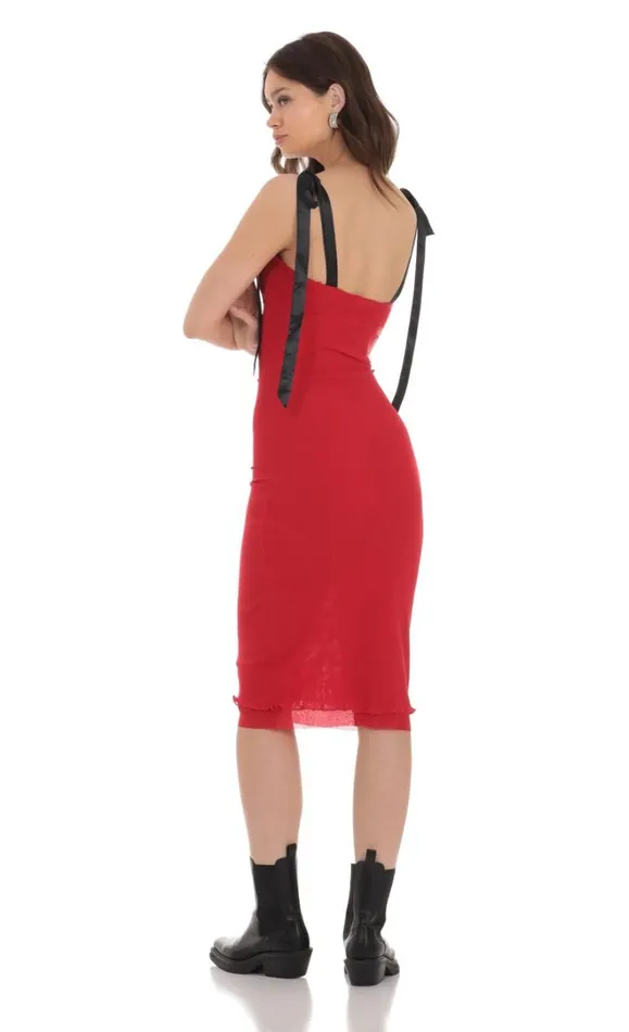 Mesh Black Shoulder Ties Midi Dress Red Women LUCY IN THE SKY Midi Dresses