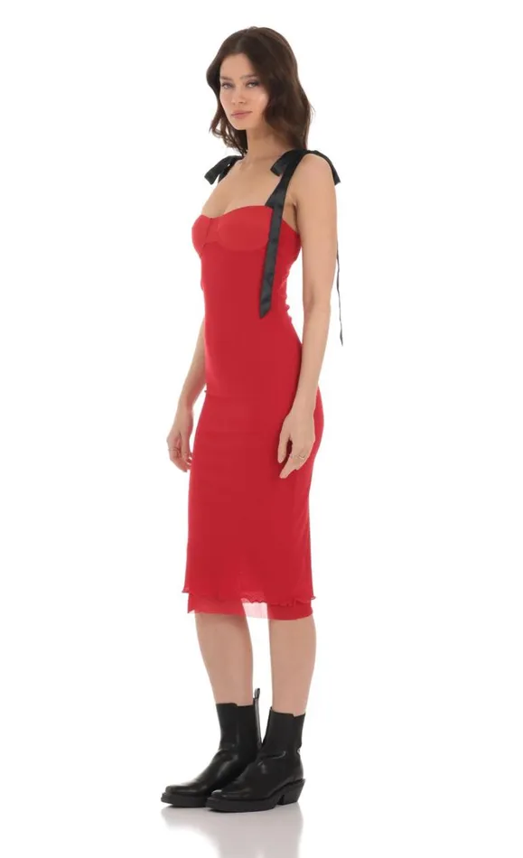 Mesh Black Shoulder Ties Midi Dress Red Women LUCY IN THE SKY Midi Dresses