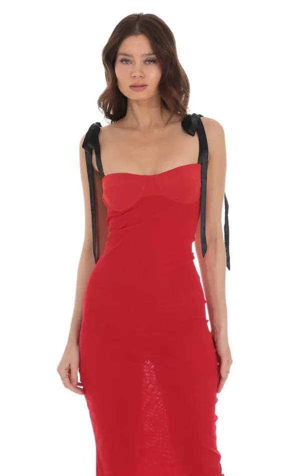 Mesh Black Shoulder Ties Midi Dress Red Women LUCY IN THE SKY Midi Dresses