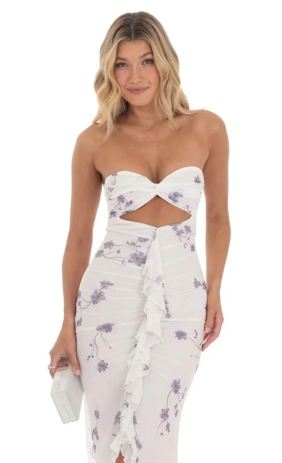 Mesh Floral Cutout Midi Dress White Women LUCY IN THE SKY Midi Dresses