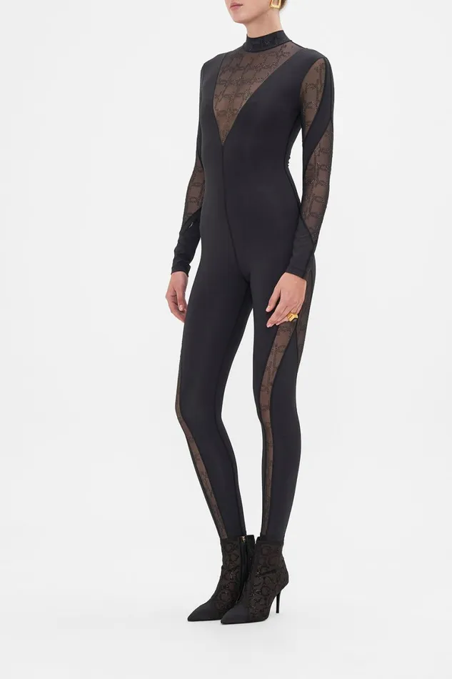 MESH INSERT CATSUIT SOLID BLACK Solid Black Womens Camilla Bras and Underwear