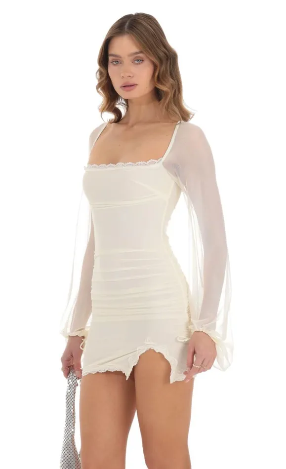 Mesh Lace Ruched Dress Pastel Yellow Women LUCY IN THE SKY Mini Dresses Mesh Lace Ruched Dress Pastel Yellow Women LUCY IN THE SKY Mini Dresses