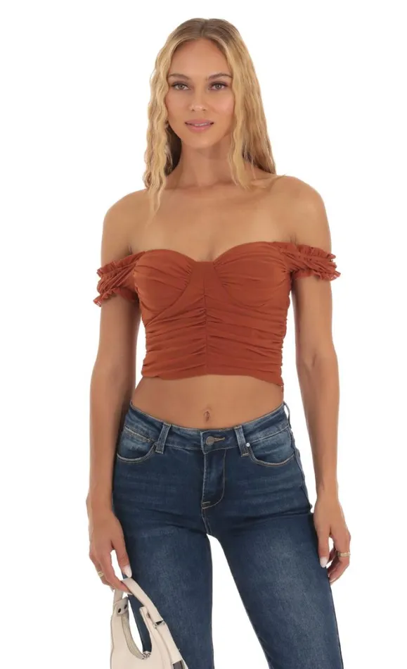 Mesh Off Shoulder Top Rust Women LUCY IN THE SKY Tops