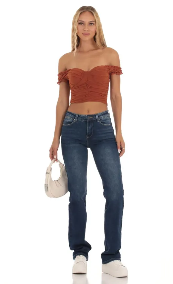 Mesh Off Shoulder Top Rust Women LUCY IN THE SKY Tops