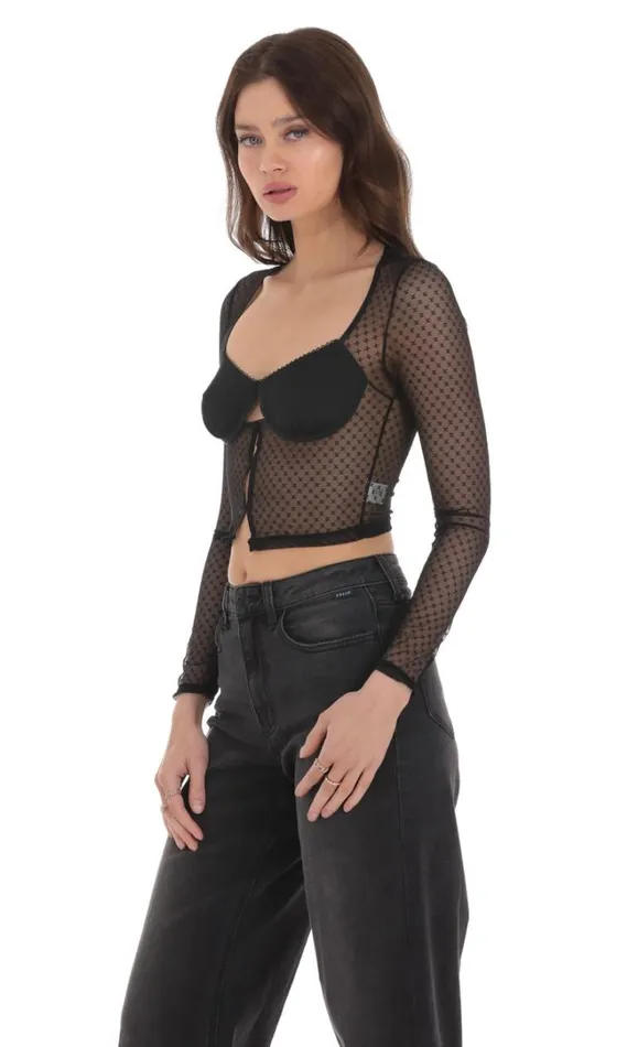 Mesh Pattern Top Black Women LUCY IN THE SKY Tops