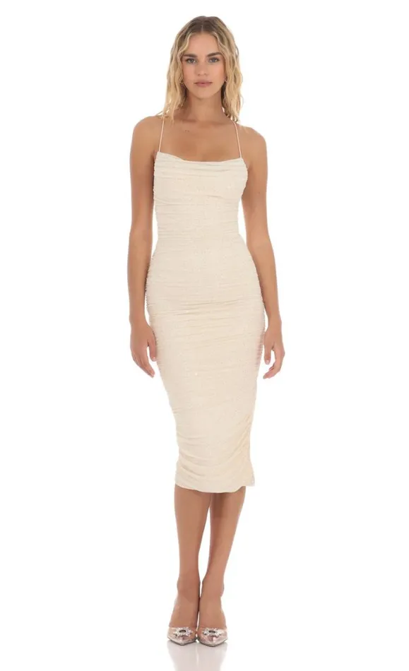 Mesh Rhinestone Ruched Midi Dress Cream Women LUCY IN THE SKY Midi Dresses