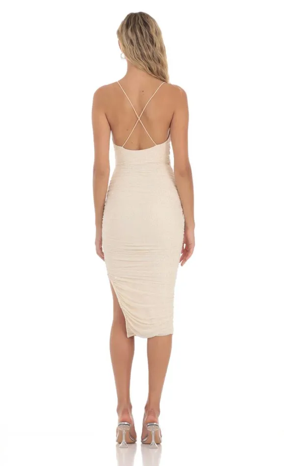 Mesh Rhinestone Ruched Midi Dress Cream Women LUCY IN THE SKY Midi Dresses Mesh Rhinestone Ruched Midi Dress Cream Women LUCY IN THE SKY Midi Dresses