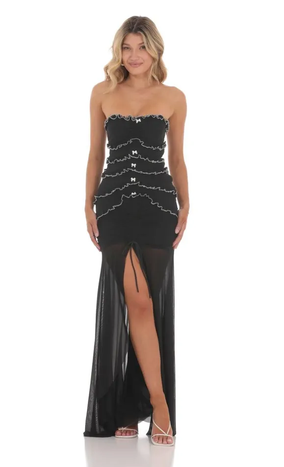 Mesh Strapless Ruffle Bodycon Maxi Dress Black Women LUCY IN THE SKY Maxi Dresses
