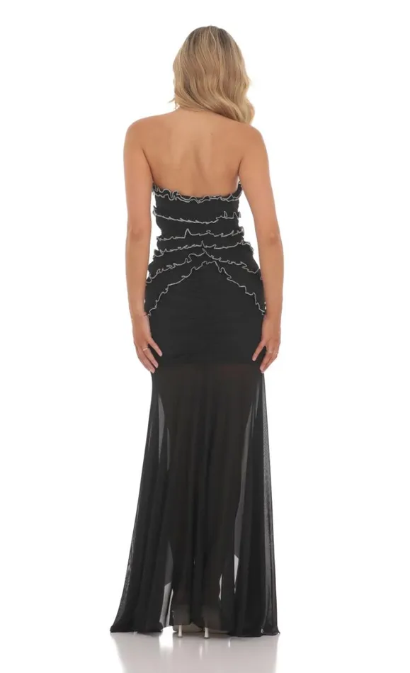 Mesh Strapless Ruffle Bodycon Maxi Dress Black Women LUCY IN THE SKY Maxi Dresses