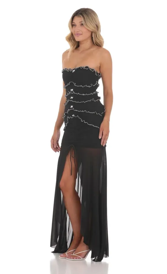Mesh Strapless Ruffle Bodycon Maxi Dress Black Women LUCY IN THE SKY Maxi Dresses