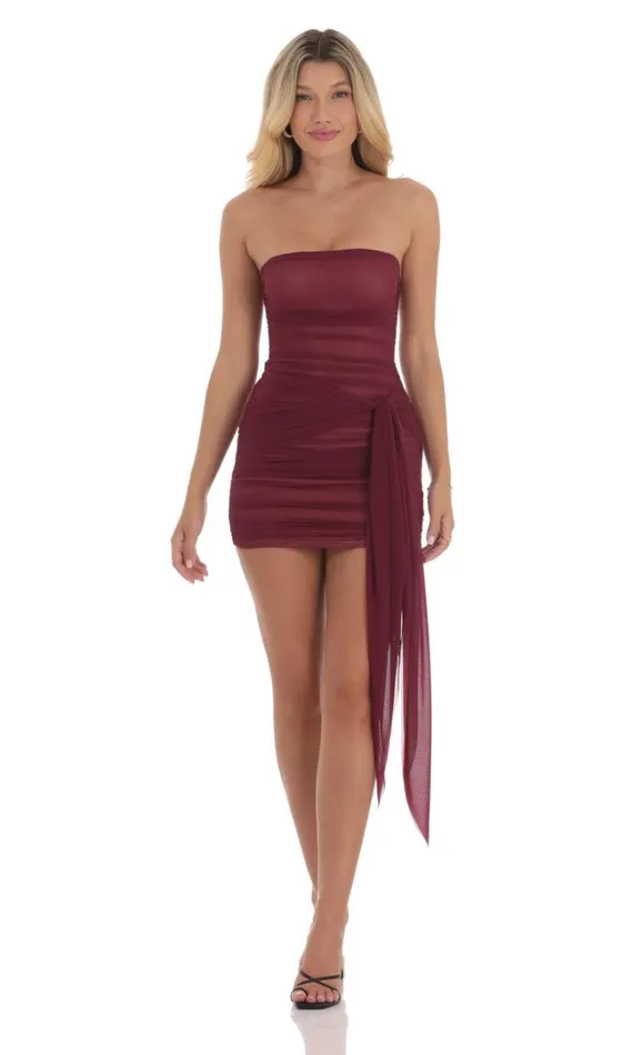 Mesh Tie Tassel Bodycon Dress Burgundy Women LUCY IN THE SKY Mini Dresses