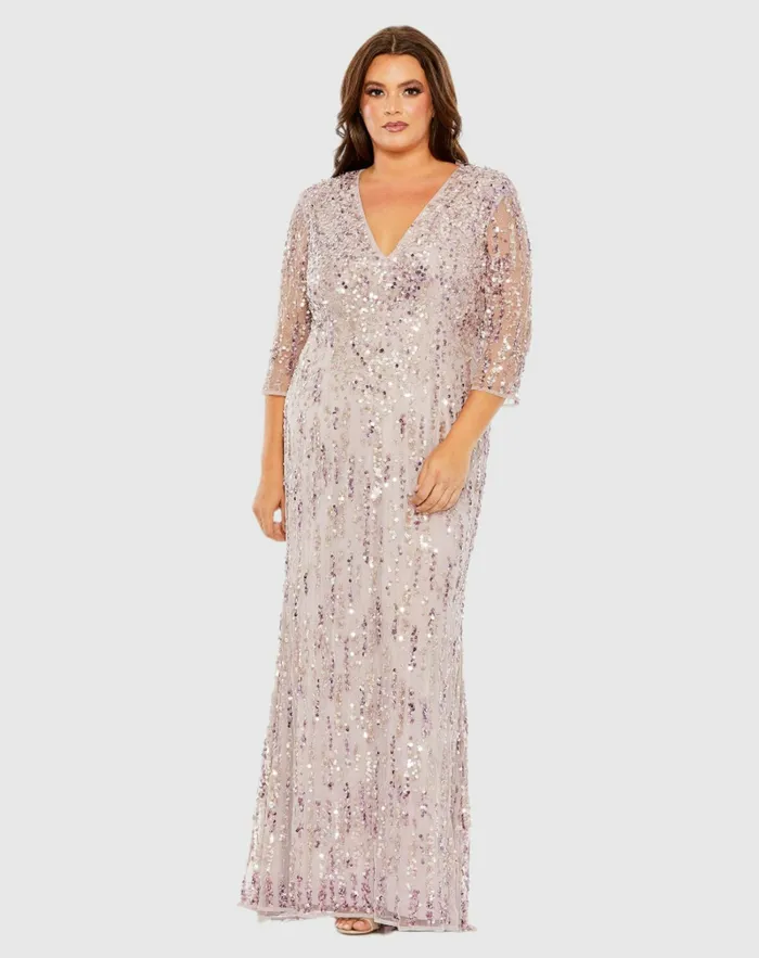 Mid Length Mesh Sleeve V Neck Embellished Dress Lilac Women Plus Size Dresses Mac Duggal Mid Length Mesh Sleeve V Neck Embellished Dress Lilac Women Plus Size Dresses Mac Duggal