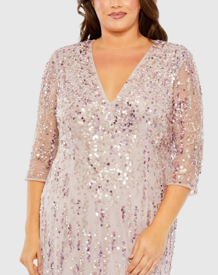 Mid Length Mesh Sleeve V Neck Embellished Dress Lilac Women Plus Size Dresses Mac Duggal