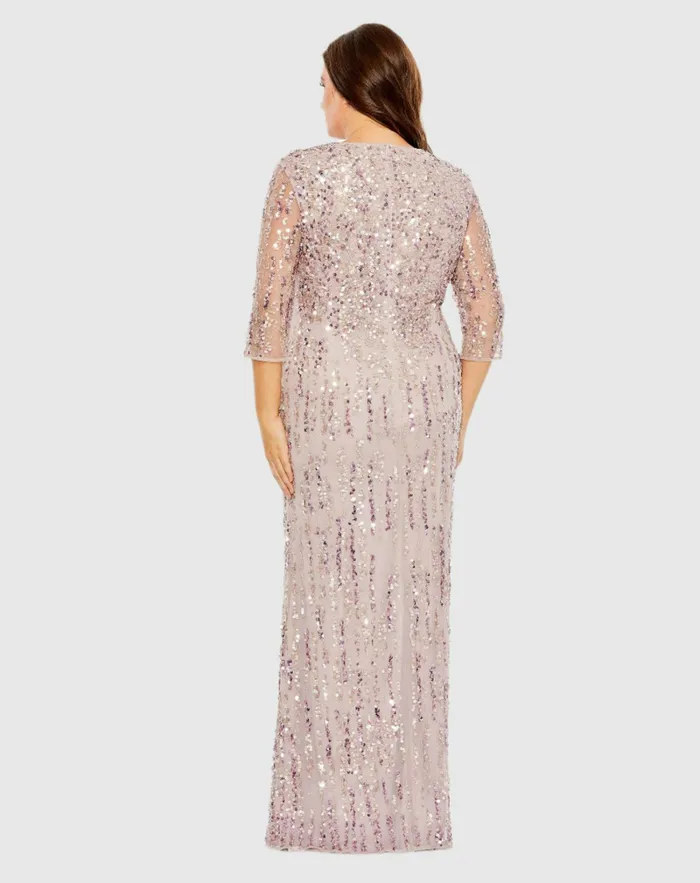 Mid Length Mesh Sleeve V Neck Embellished Dress Lilac Women Plus Size Dresses Mac Duggal