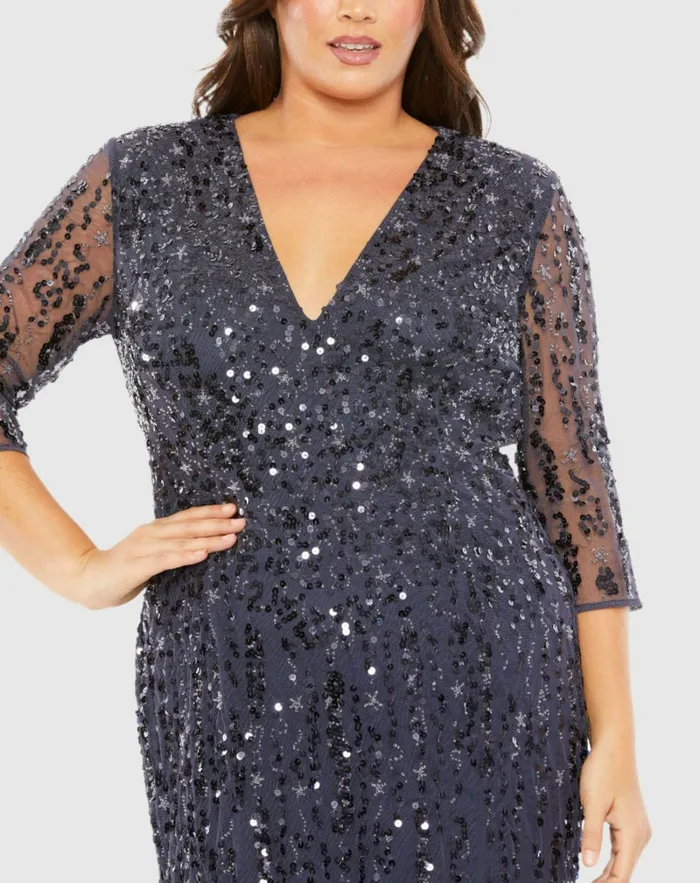 Mid Length Mesh Sleeve V Neck Embellished Dress Lilac Women Plus Size Dresses Mac Duggal