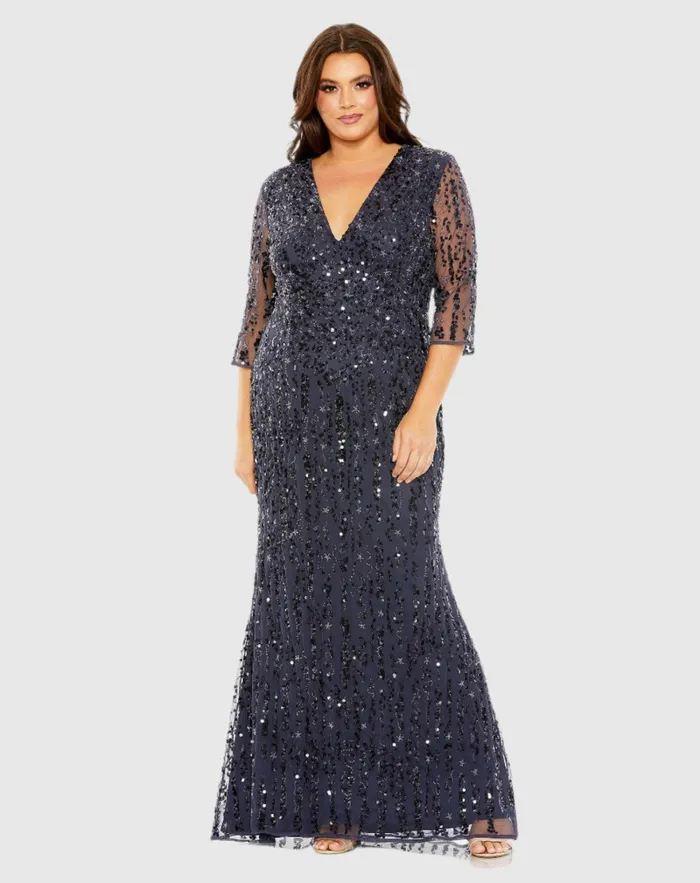 Mid Length Mesh Sleeve V Neck Embellished Dress Lilac Women Plus Size Dresses Mac Duggal