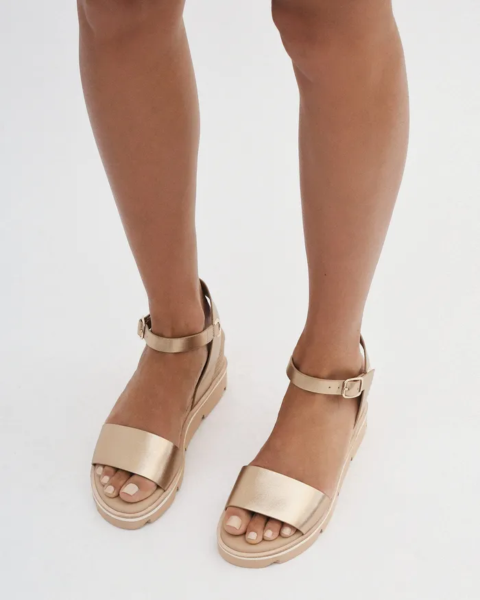 MID SANDALS jomercer Women Katie mid heel wedge sandals gold leather