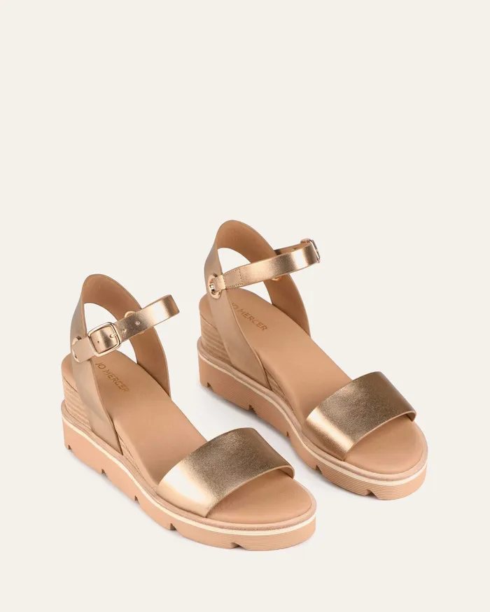 MID SANDALS jomercer Women Katie mid heel wedge sandals gold leather