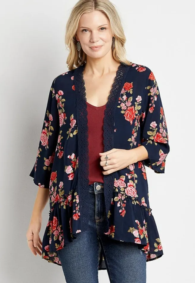 Navy Floral Crochet Trim Kimono Women Maurices Tops