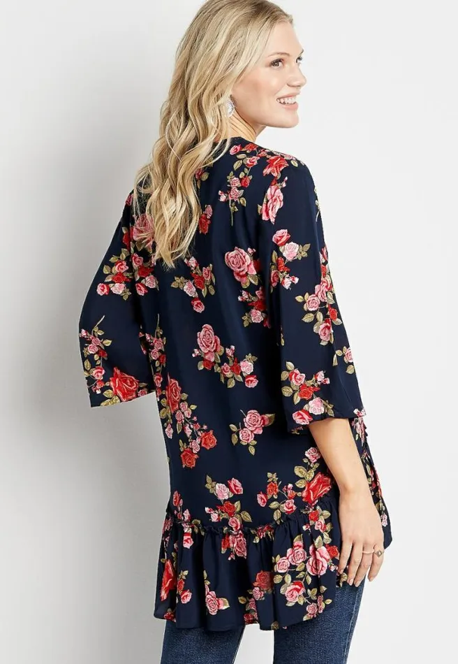 Navy Floral Crochet Trim Kimono Women Maurices Tops