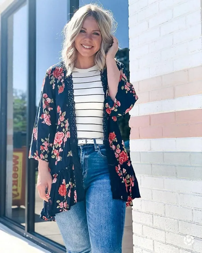 Navy Floral Crochet Trim Kimono Women Maurices Tops