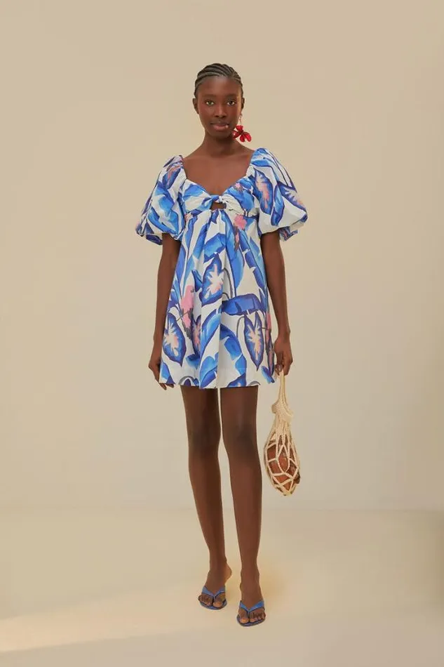 OffWhite Blue Foliage Mini Dress Women FARM Rio Mini Dresses