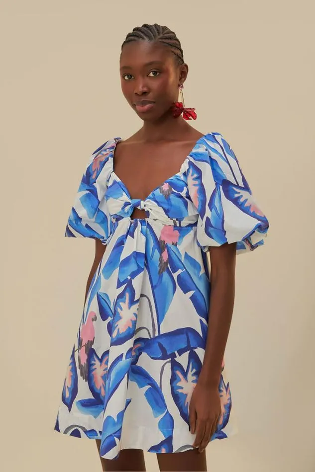 OffWhite Blue Foliage Mini Dress Women FARM Rio Mini Dresses