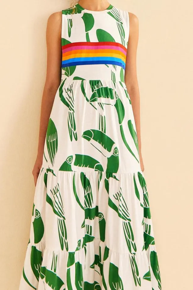 OffWhite Rainbow Toucans Organic Cotton Maxi Dress Women FARM Rio Maxi Dresses