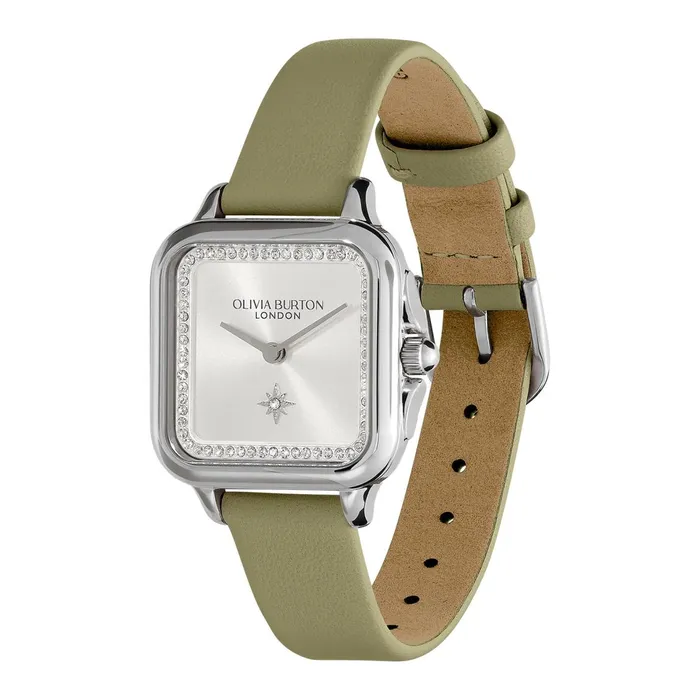 Olivia Burton Classic Watches Women 28mm Grosvenor Silver and Sage Green Leather Strap Watch