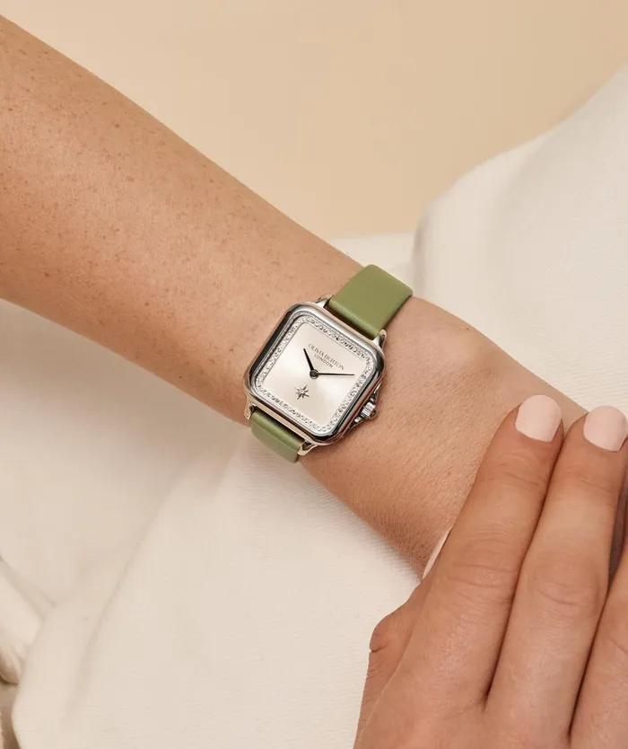 Olivia Burton Classic Watches Women 28mm Grosvenor Silver and Sage Green Leather Strap Watch