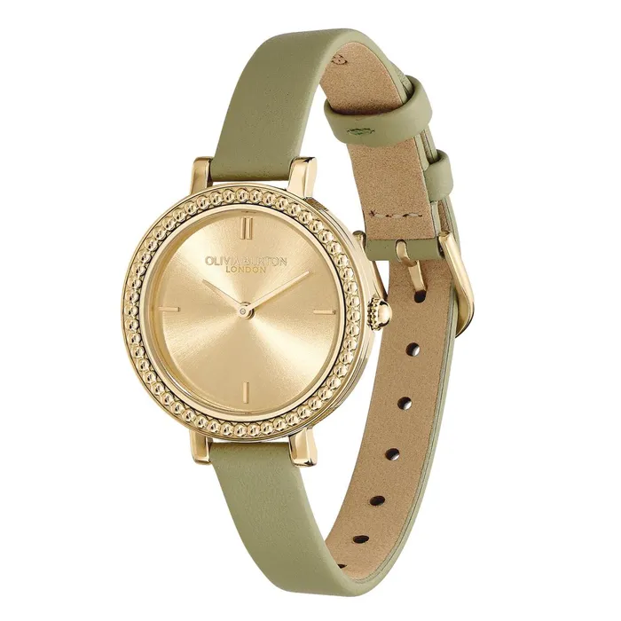 Olivia Burton Classic Watches Women 30mm Vintage Bead Gold and Sage Green Leather Strap Watch