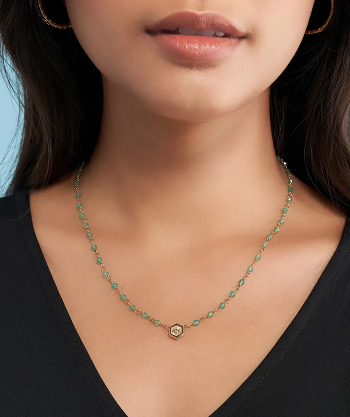 Olivia Burton Necklaces Women Minima Bee Green and Gold Plated Beaded Charm Necklace