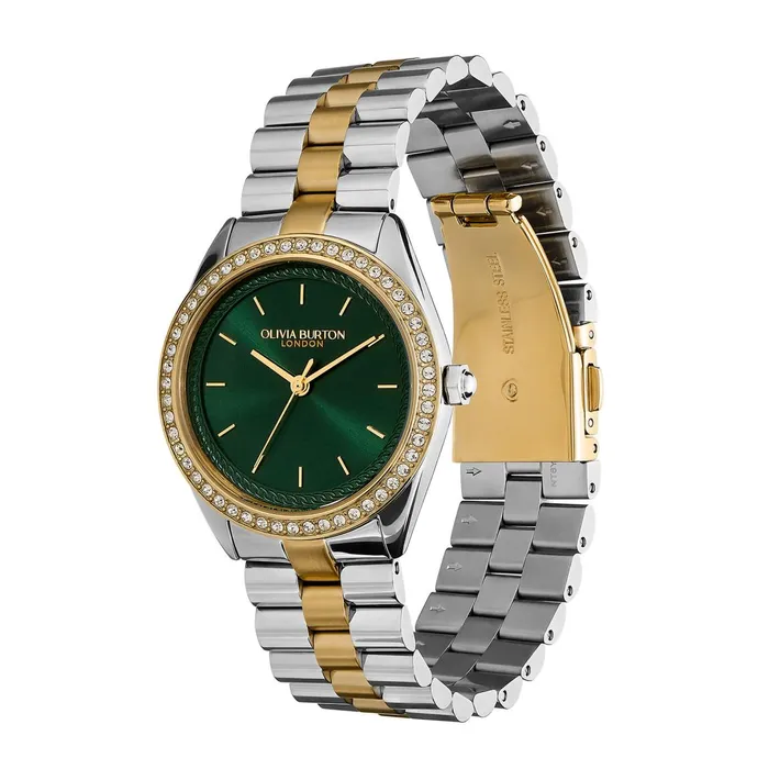 Olivia Burton Sports Luxe Watches Women 34mm Bejewelled Forest Green and Two Tone Bracelet Watch